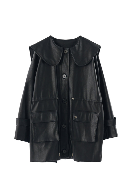 big collar vegan leather jacket