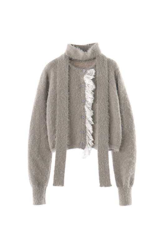 lace frill shaggy knit cardigan