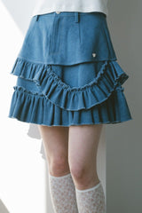 damage frill denim mini skirt