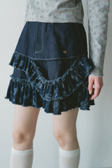 damage frill denim mini skirt