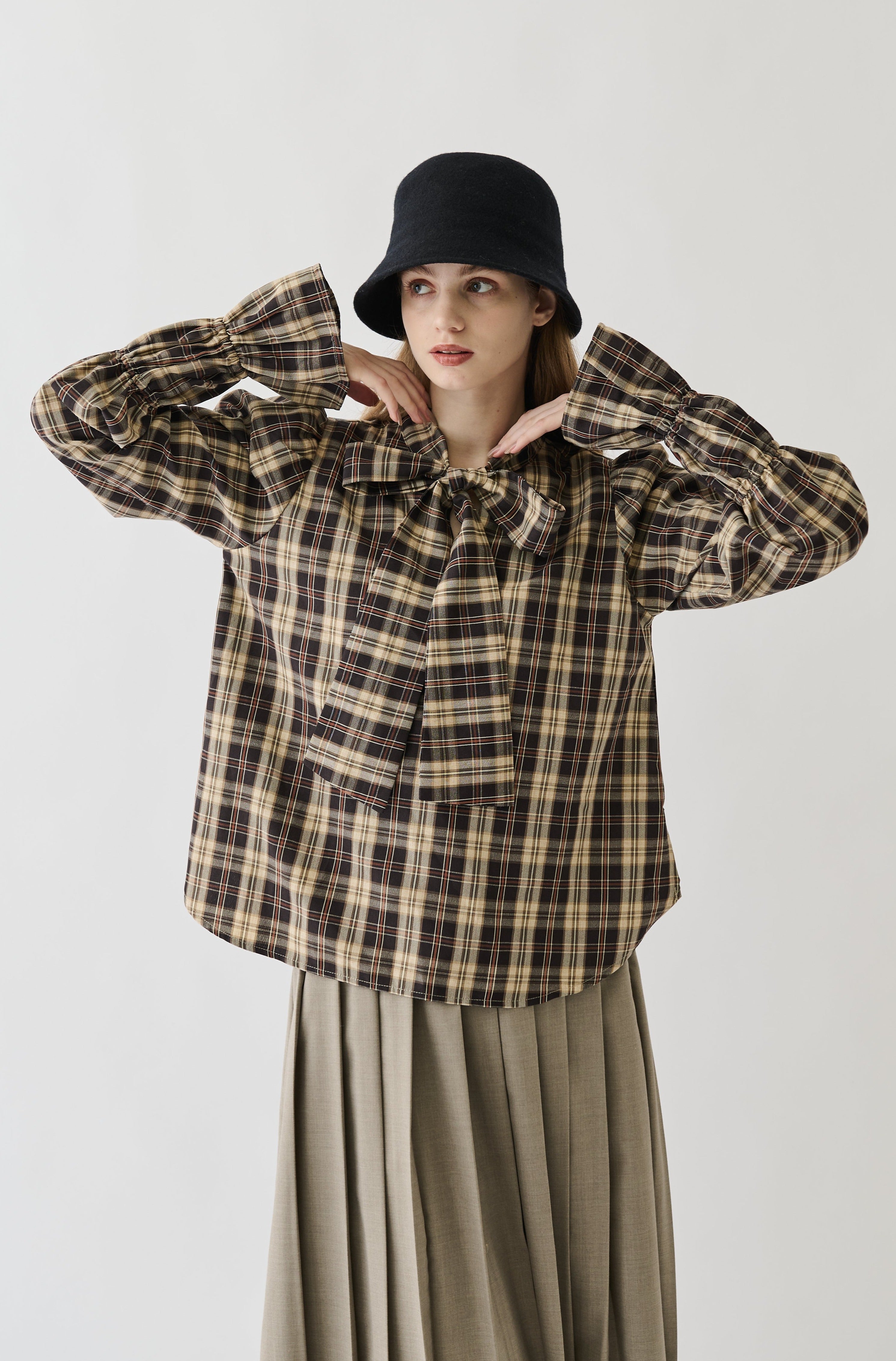 wave sleeve 2way check bowtie blouse – idem