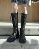 lace up buckle long boots