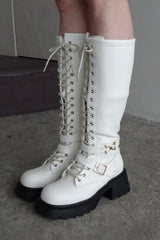 lace up buckle long boots