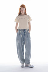 curve denim ribbon pants