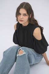 open shoulder ribbon blouse