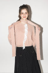 lace frill shaggy knit cardigan
