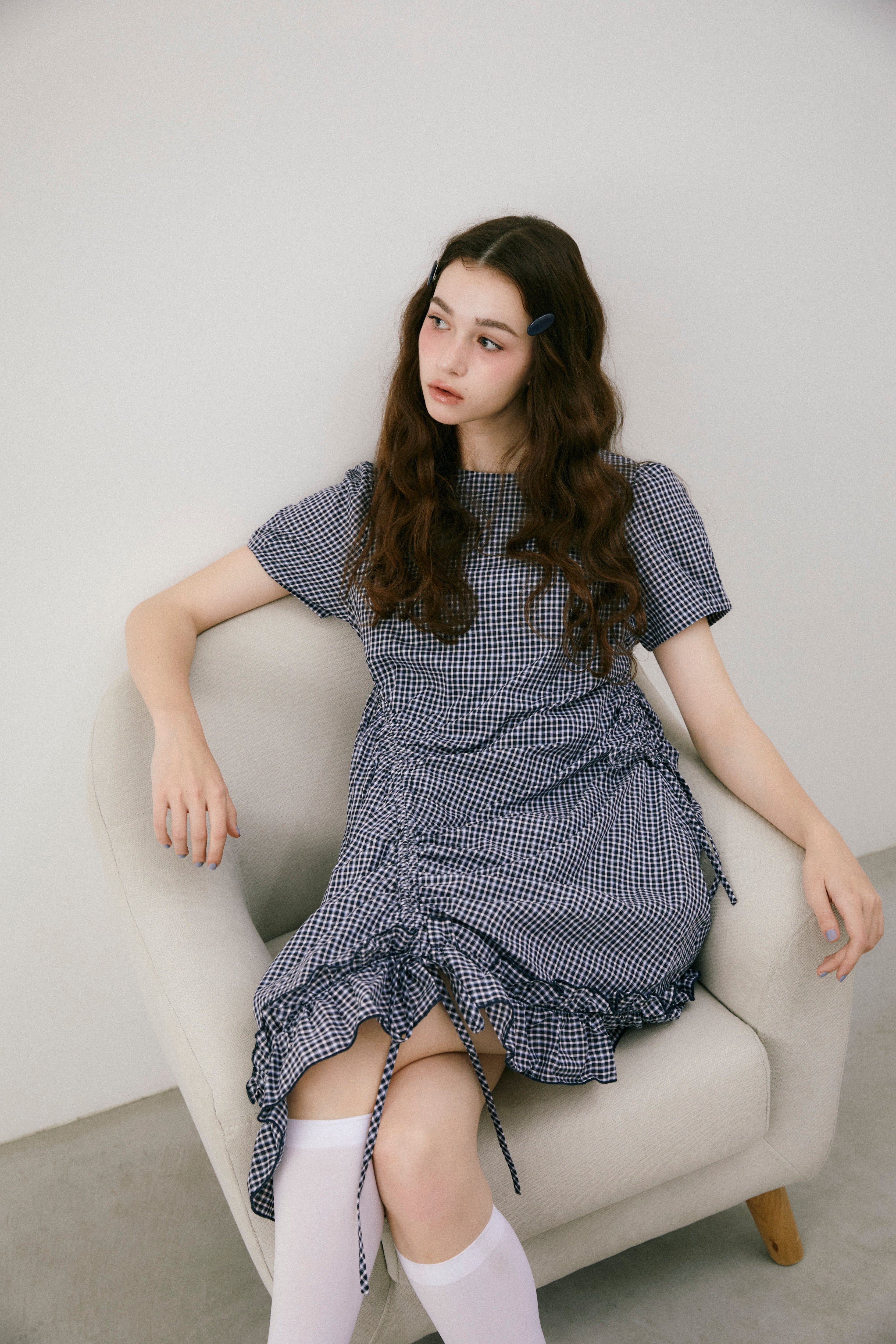 drawstring gingham check onepiece