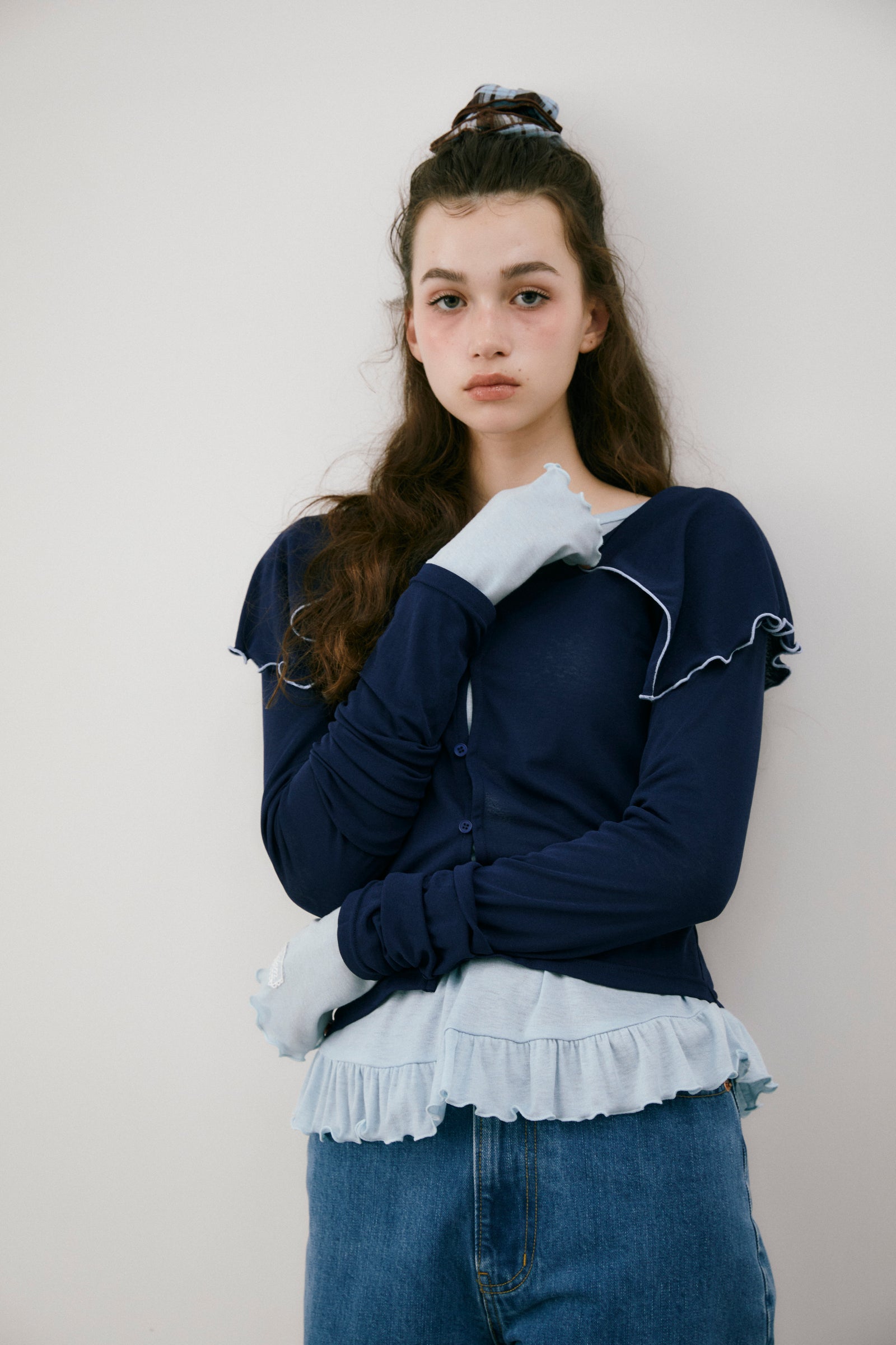 onnhi　シャーリングキャミ・プリーツメローパールニット big mellow collar sheer cardigan – idem