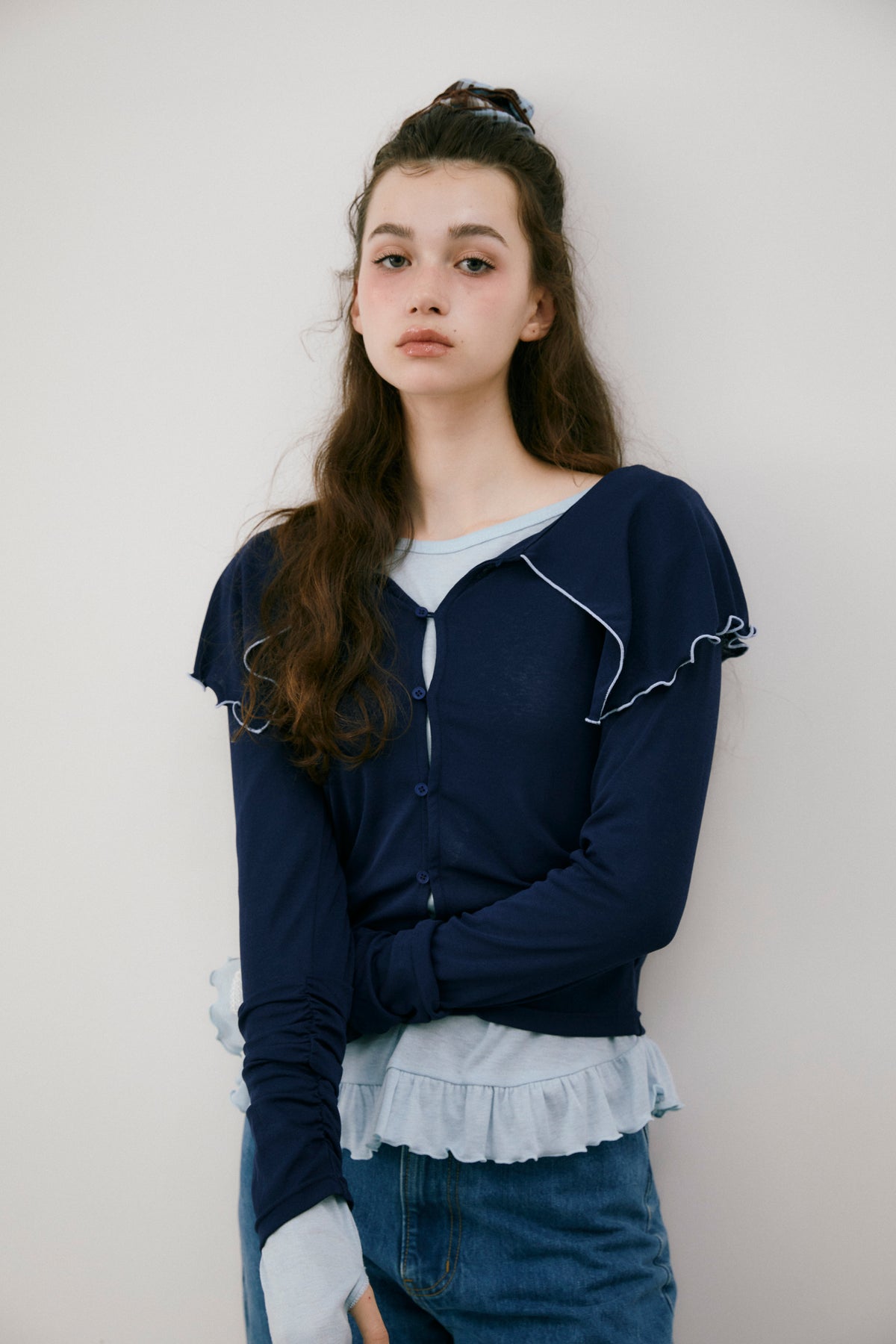 idem ポップコーンケーブル編みカーディガン ブルー イデム idem（イデム）の「popcorn cable knit cardigan / ポップコーン