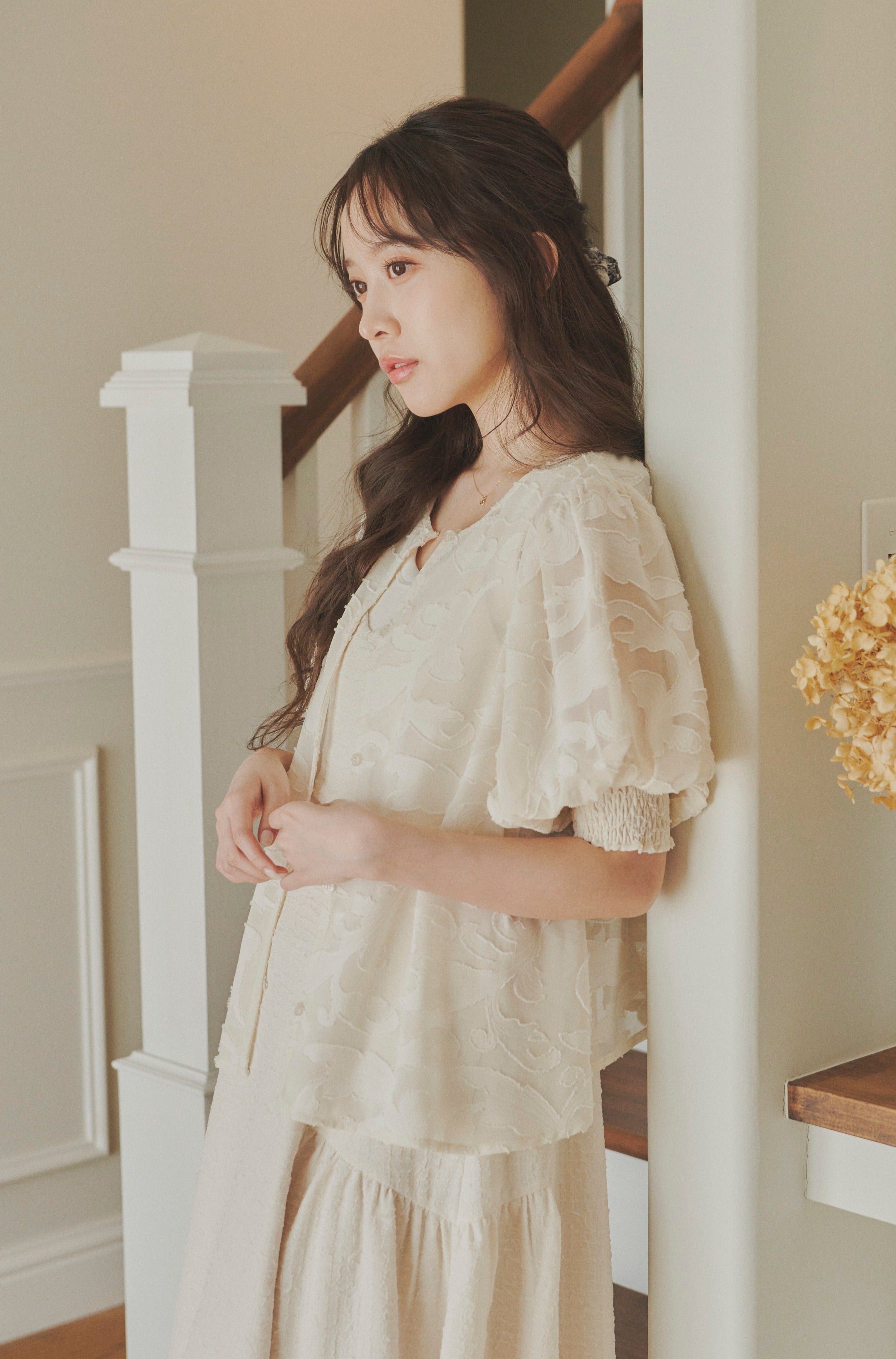 sheer jacquard volume blouse