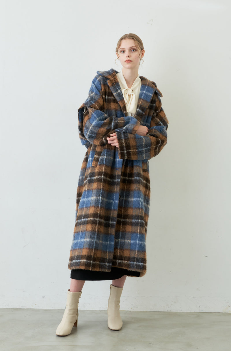ロングコートidem 2way long wool coat チェックウール混ロングコート