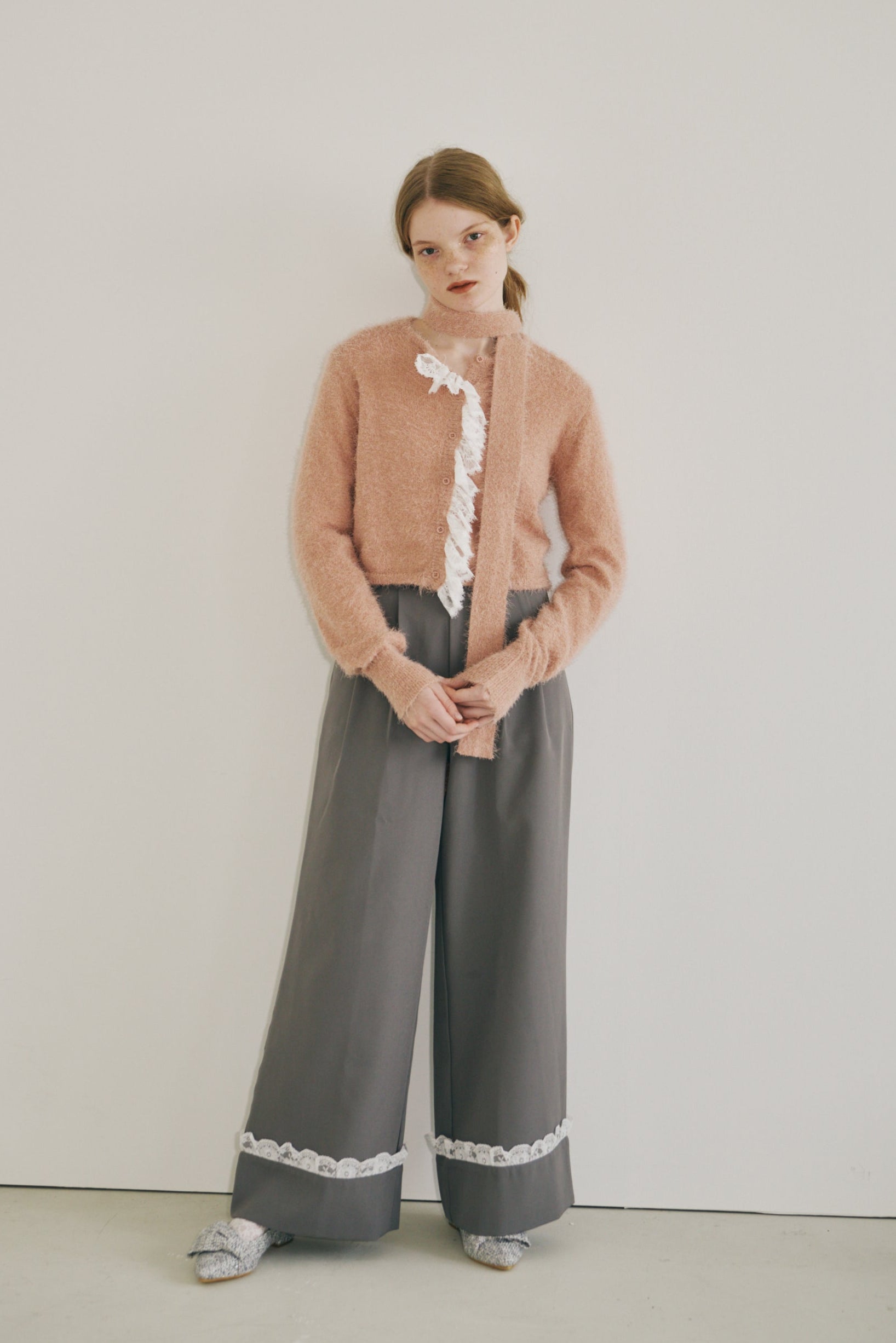 lace frill shaggy knit cardigan