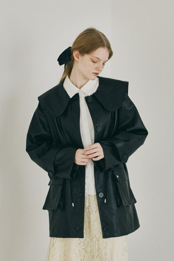 big collar vegan leather jacket