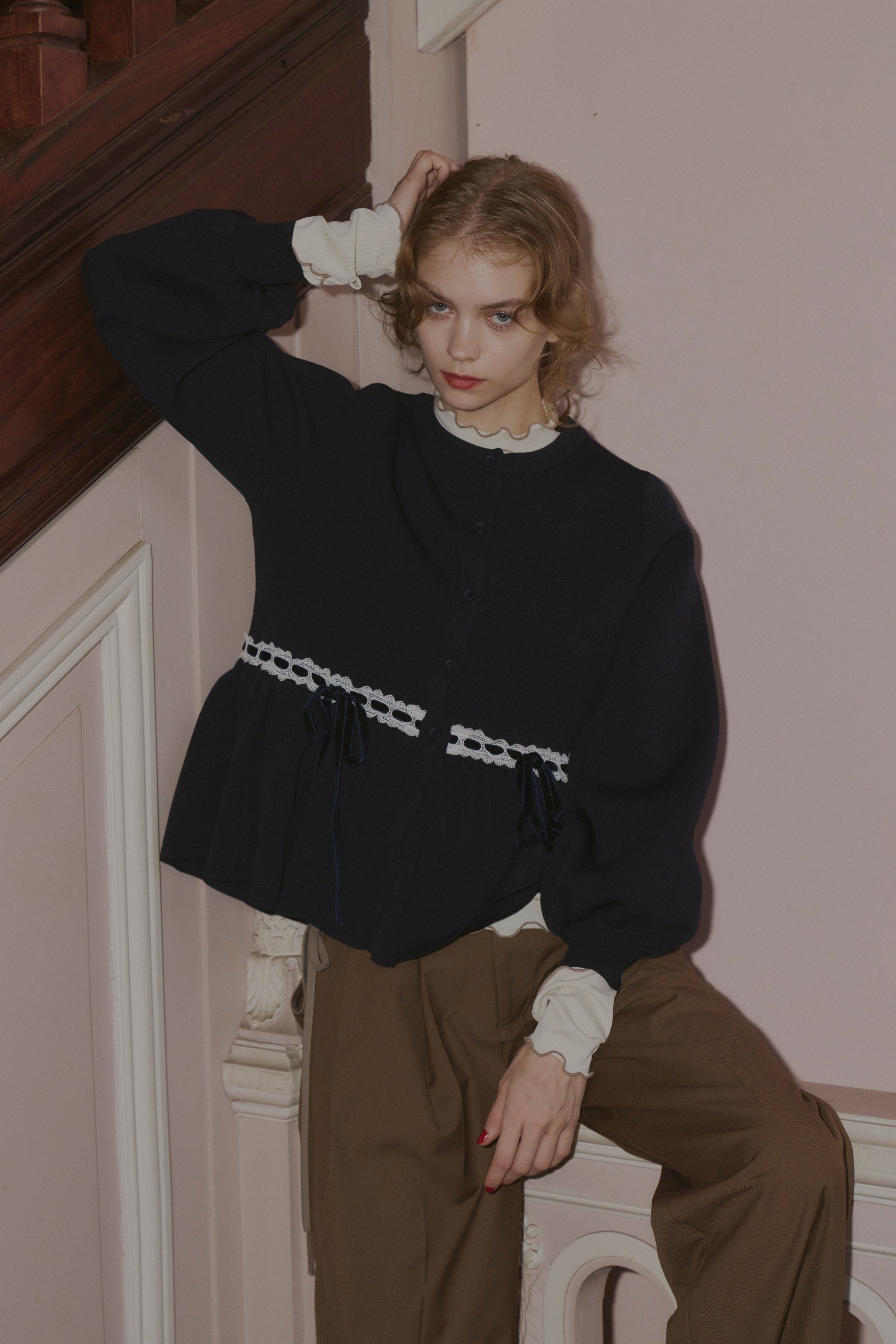 velours ribbon peplum cardigan