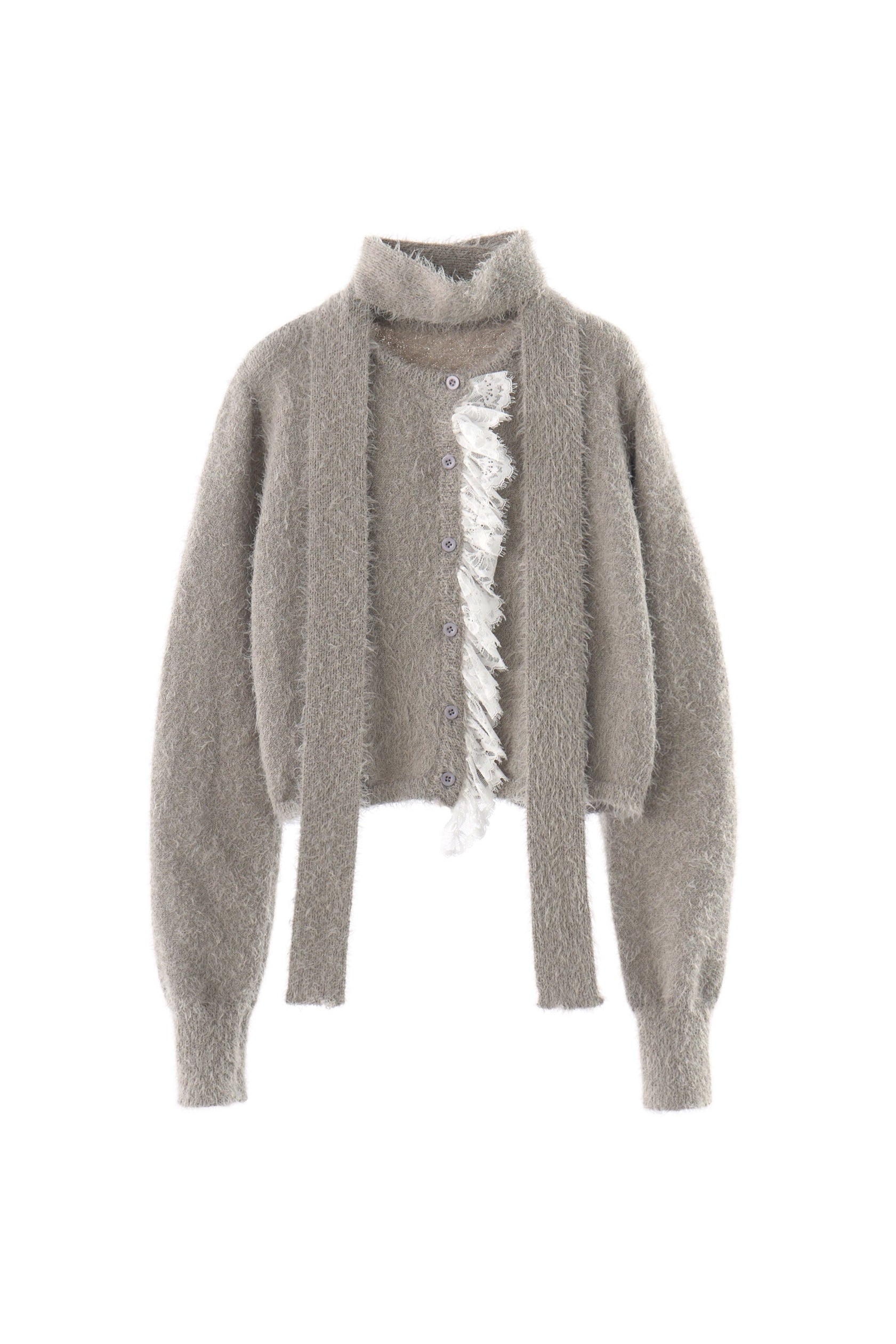 lace frill shaggy knit cardigan
