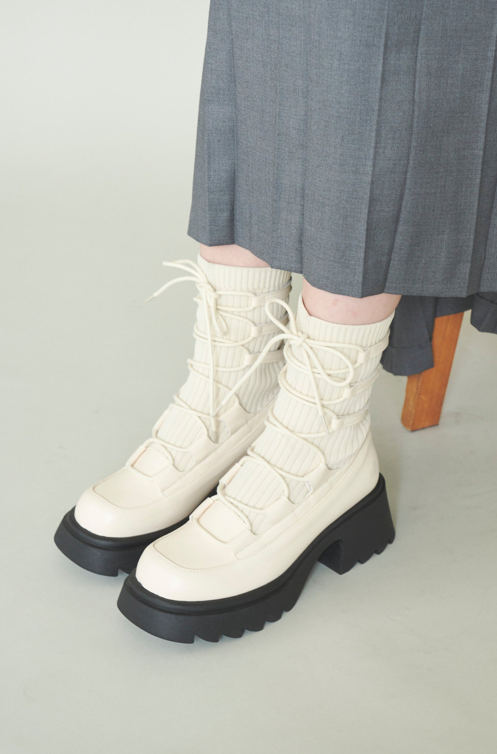 idem/lace up socks boots/ブラック/M lace up socks boots/リボン編み上げ厚底ブーツ（ブーツ）｜idem
