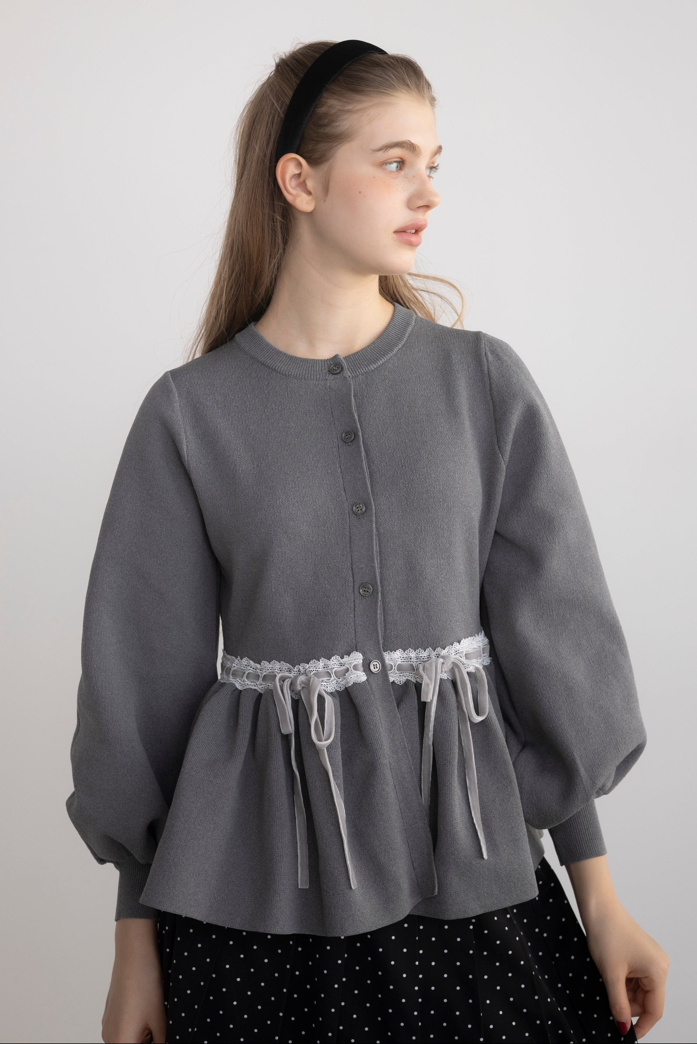 velours ribbon peplum cardigan