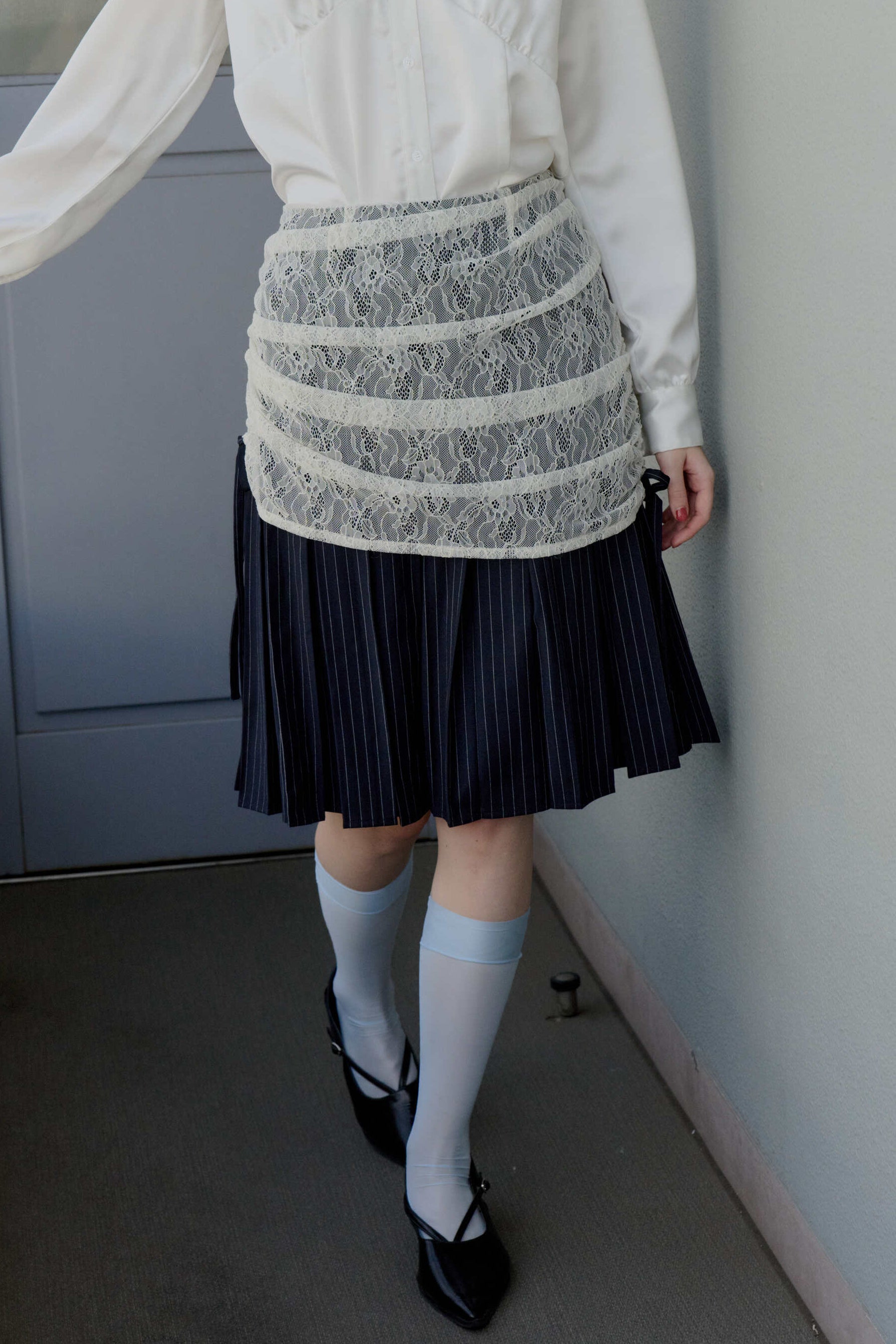 drawstring lace pleats skirt