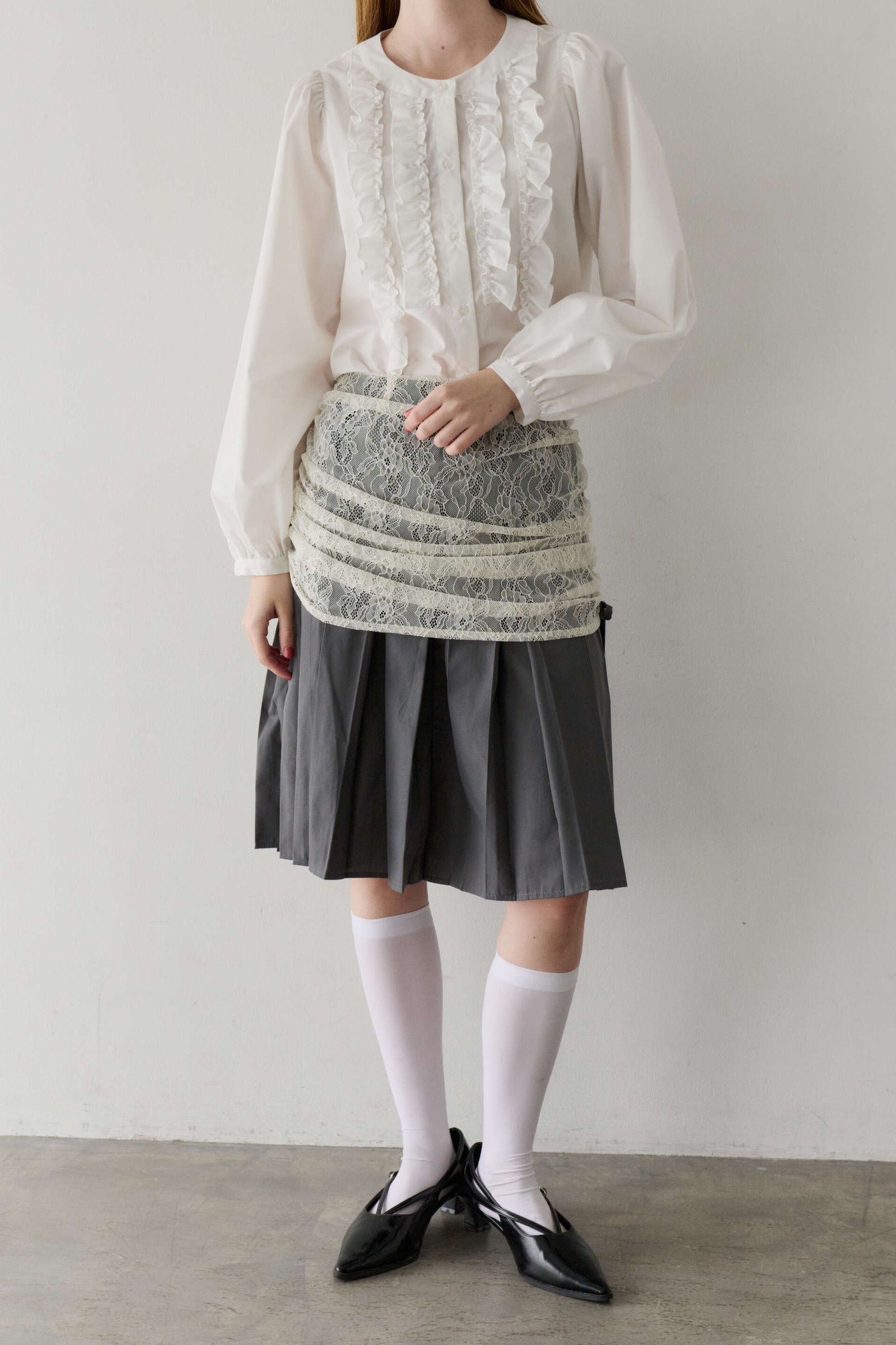 MIDI LACE PLEATS SKIRT / レースミディプリーツスカート drawstring lace pleats skirt – idem