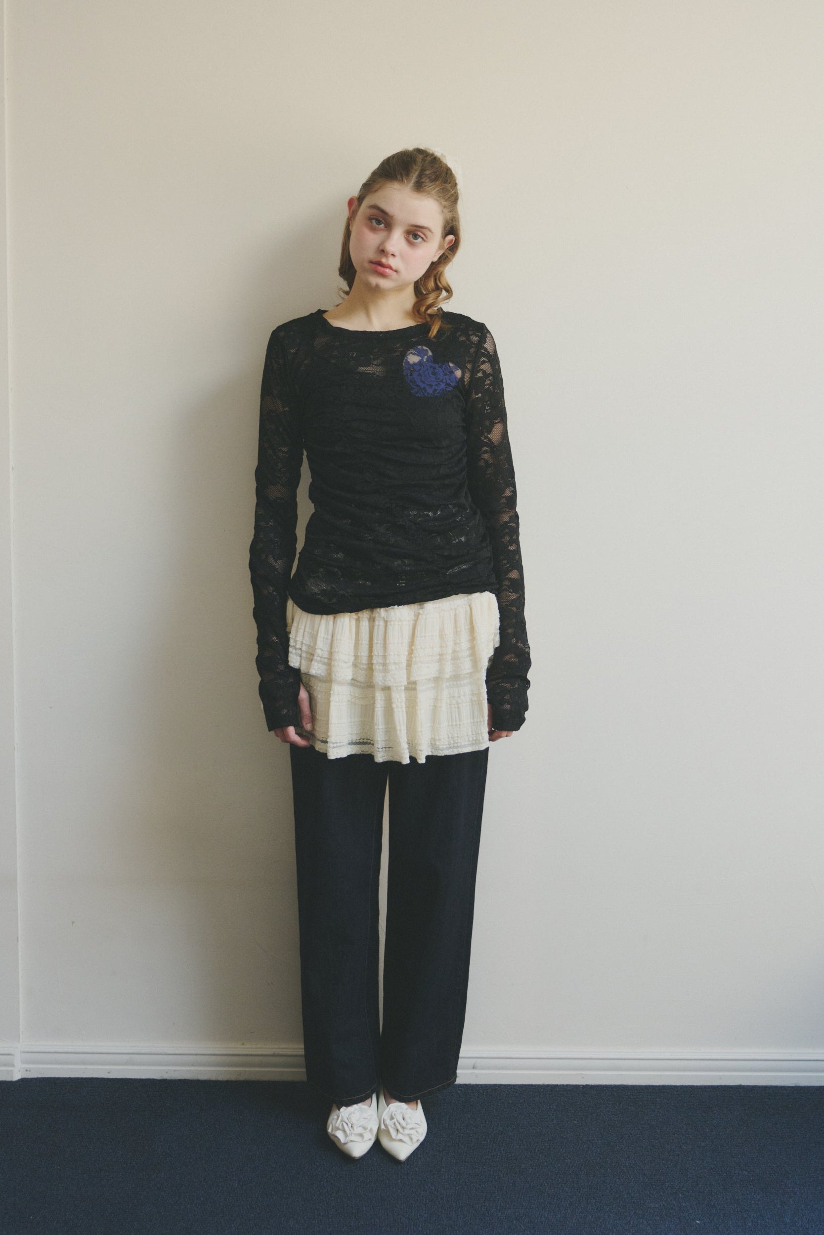 heart lace long sleeve tops