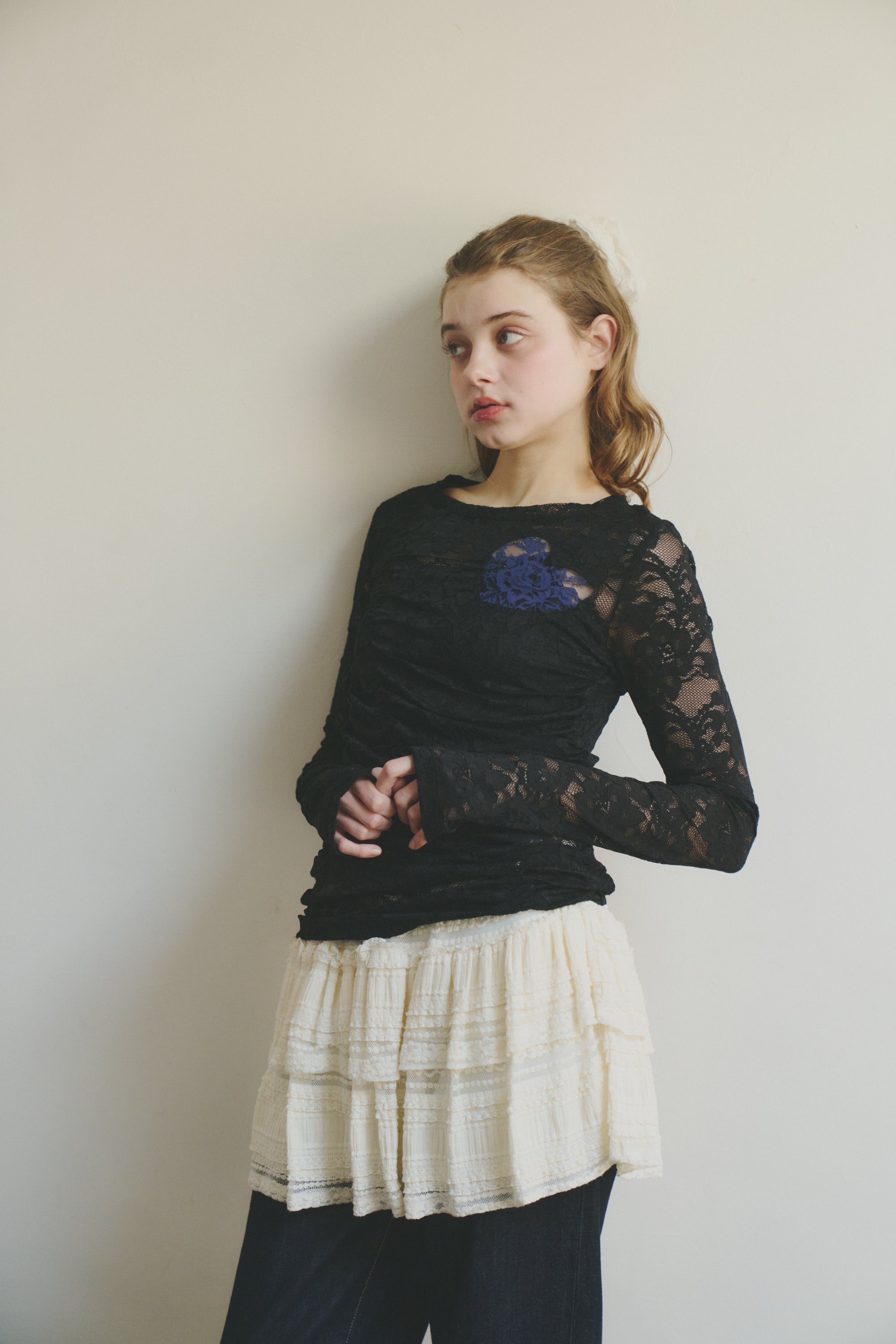 heart lace long sleeve tops