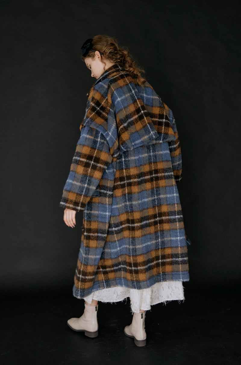 ロングコートidem 2way long wool coat チェックウール混ロングコート