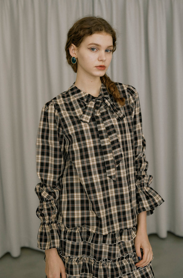 wave sleeve 2way check bowtie blouse