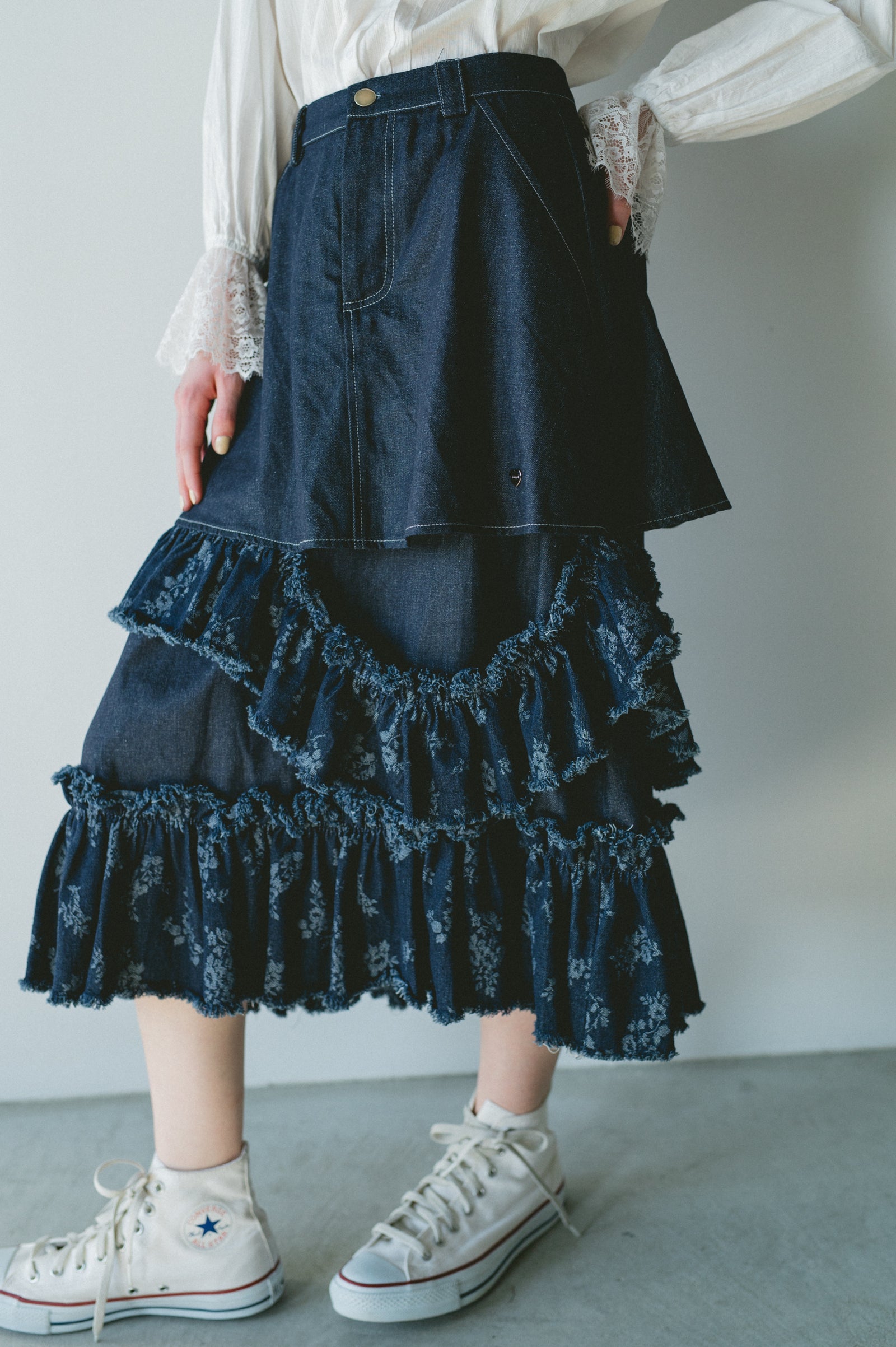 スカート idem damage frill denim skirt damage frill denim skirt – idem