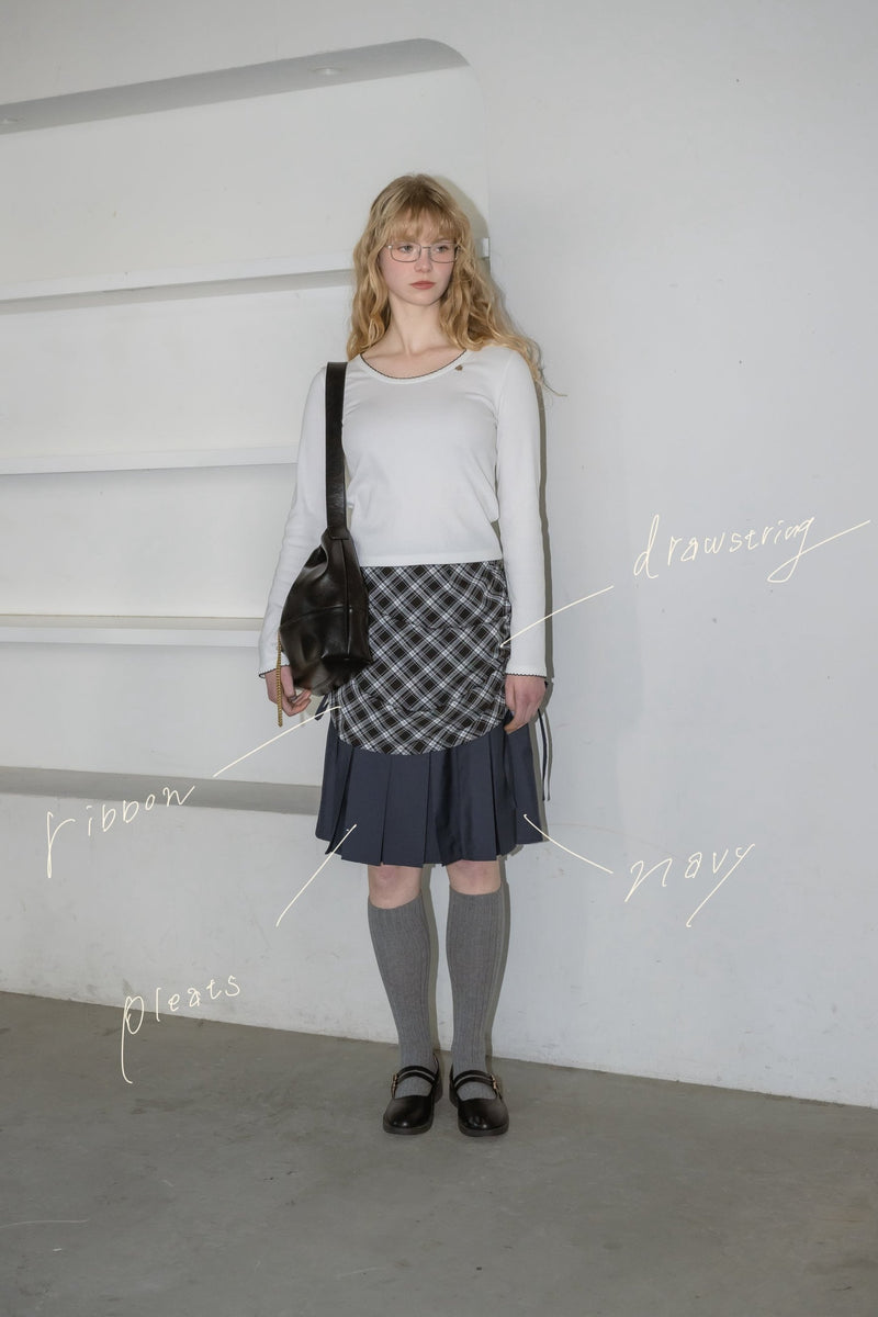 drawstring check pleats skirt