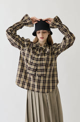 wave sleeve 2way check bowtie blouse