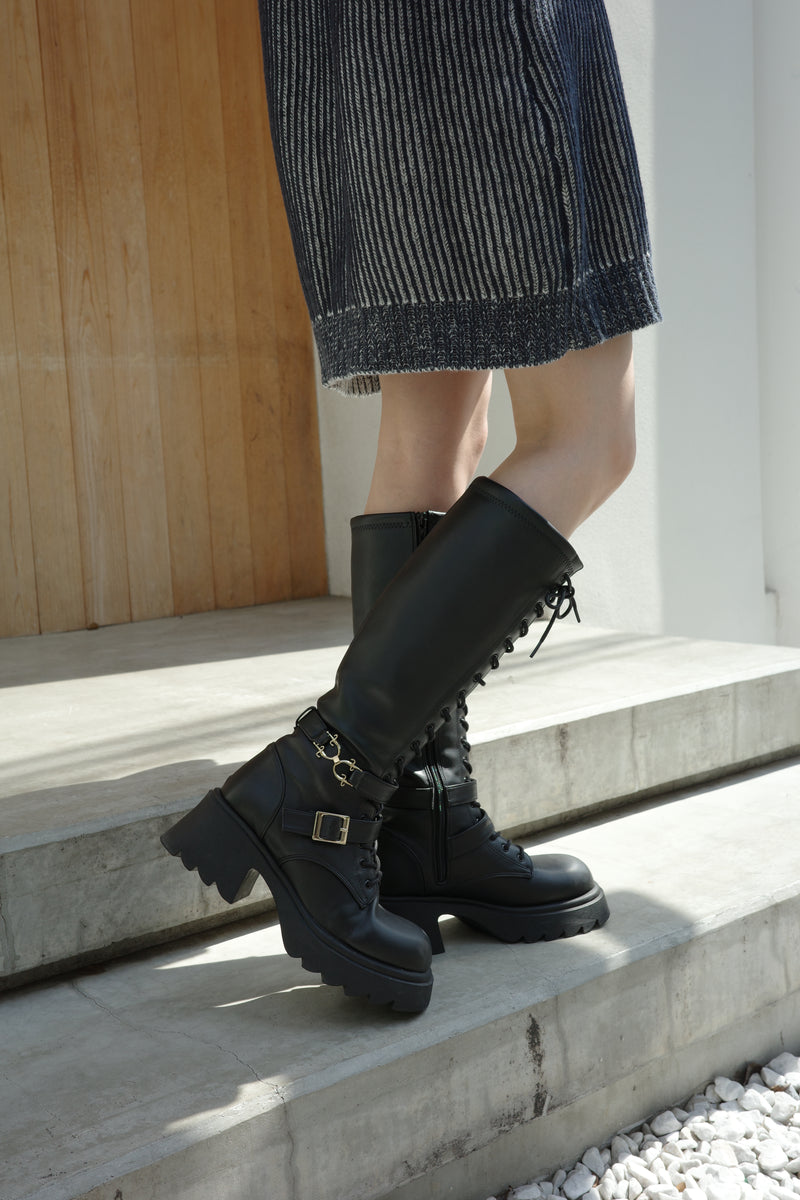 lace up buckle long boots