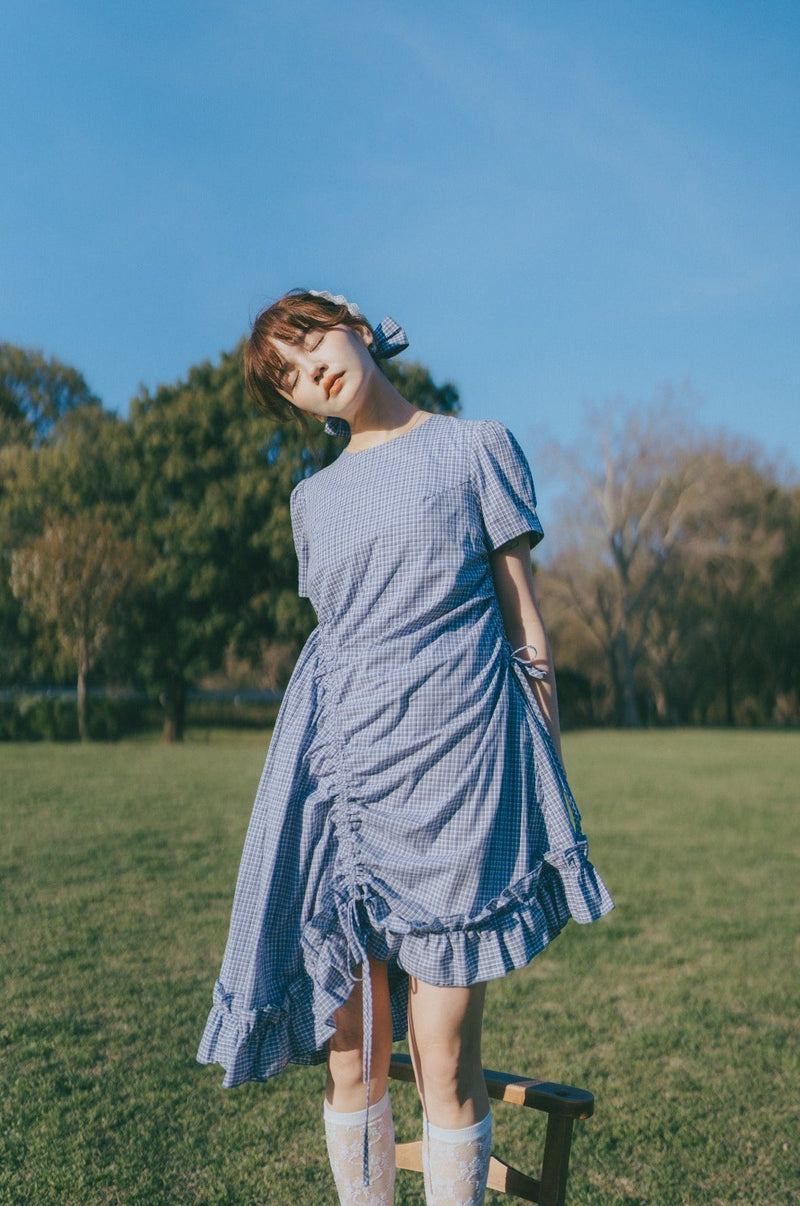 ライムインク　インディゴ異素材ドッキングワンピース　新品タグ付き drawstring gingham check onepiece – idem