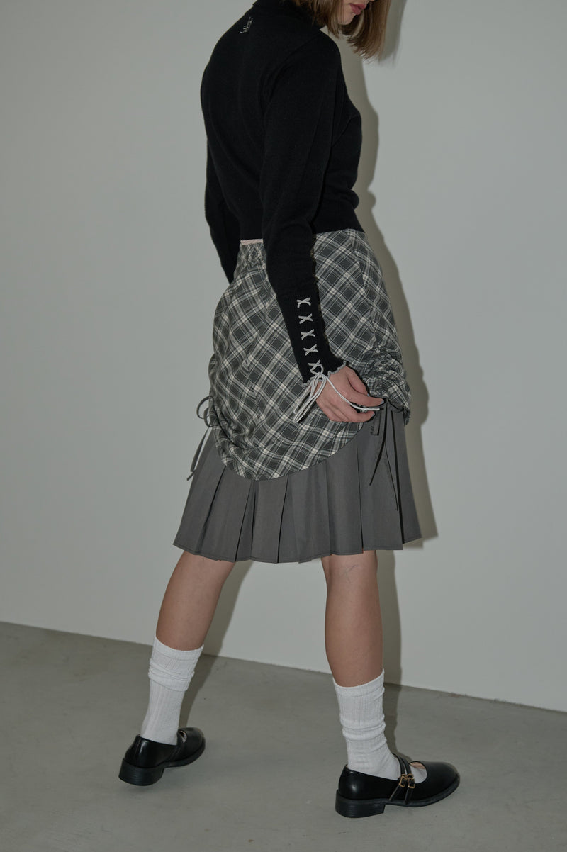 drawstring check pleats skirt