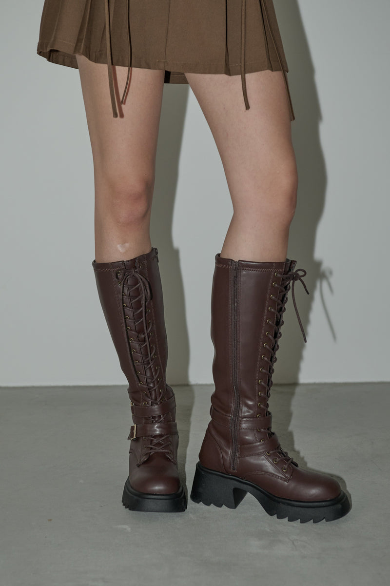 lace up buckle long boots