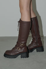 lace up buckle long boots