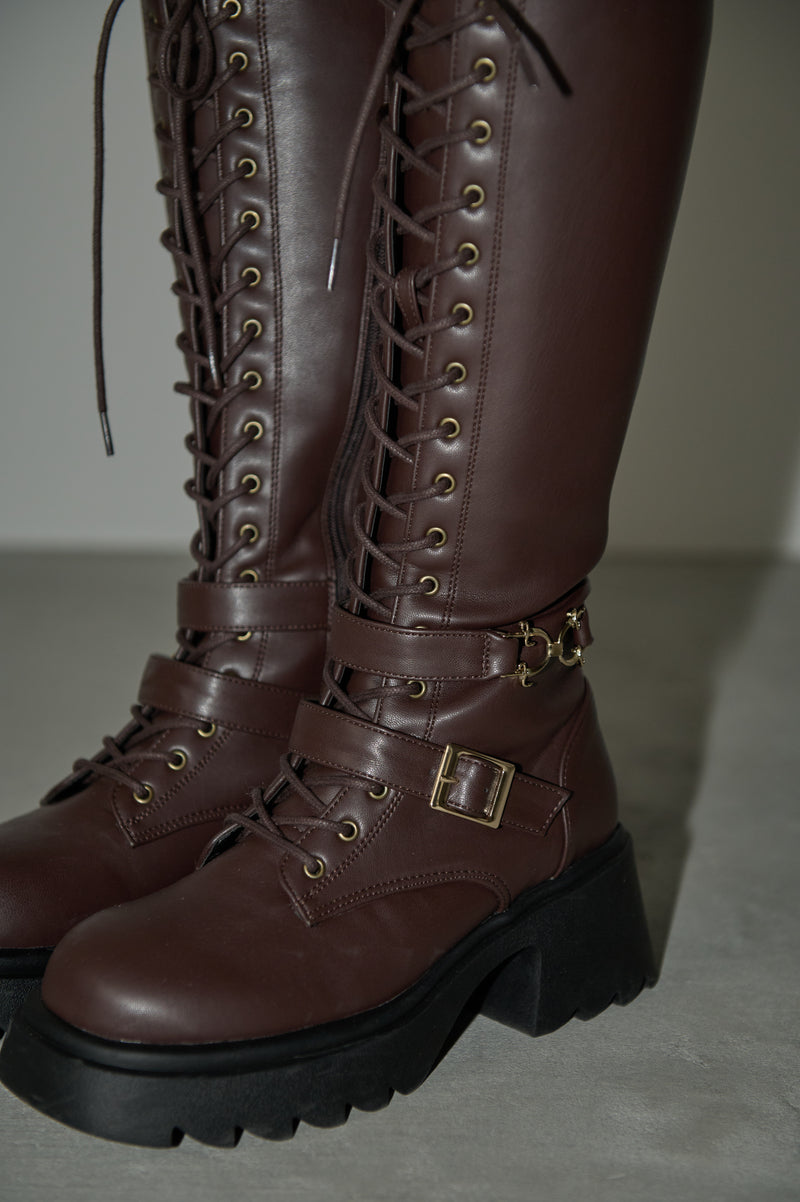 lace up buckle long boots