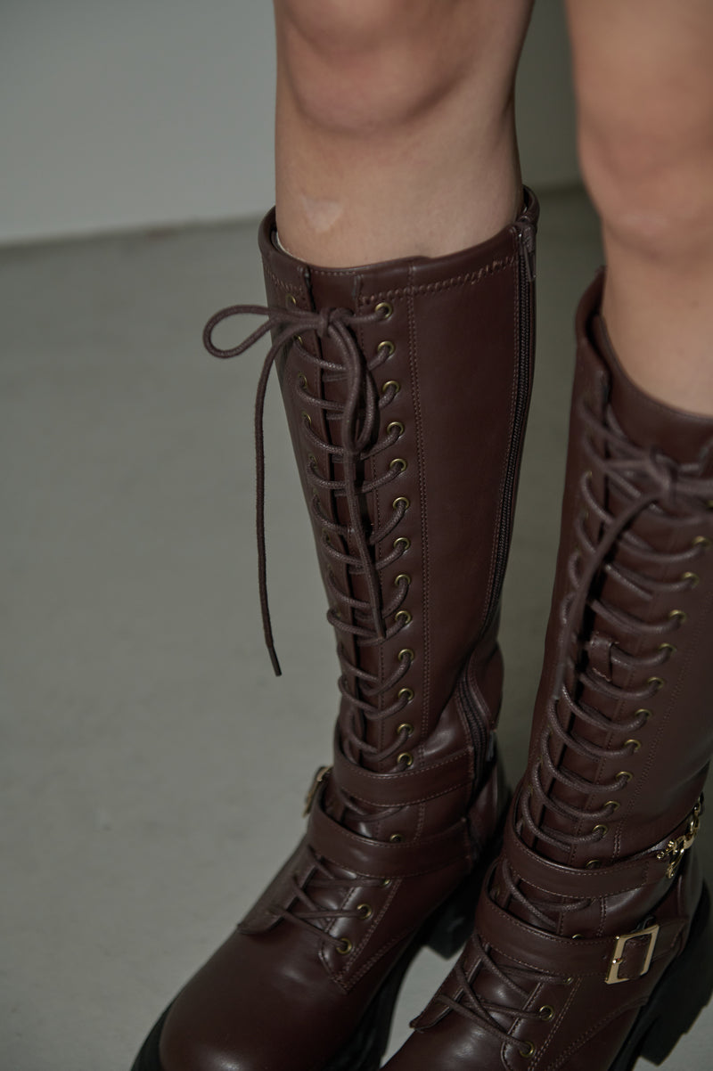 lace up buckle long boots