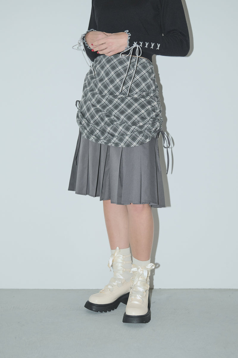 drawstring check pleats skirt