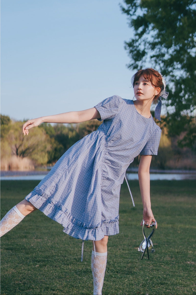 drawstring gingham check onepiece – idem