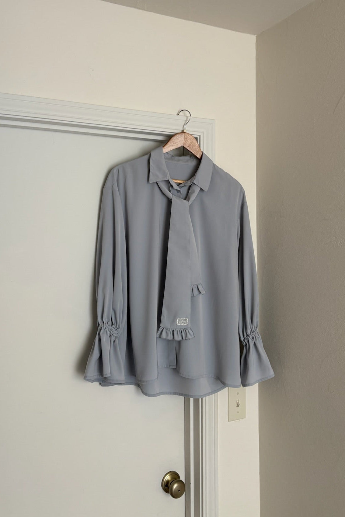 volume sleeve frill tie blouse