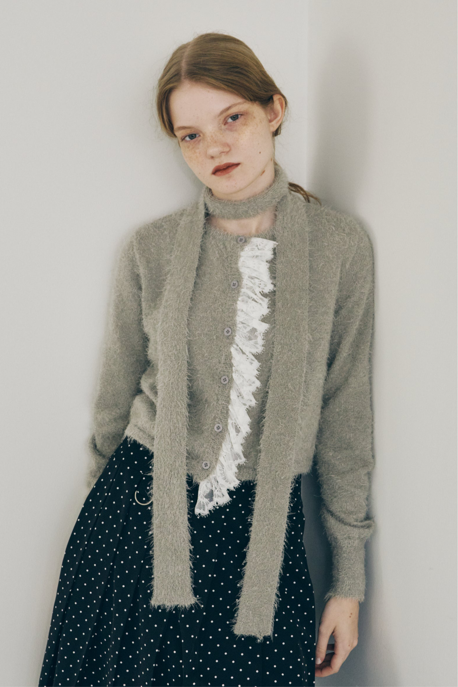 lace frill shaggy knit cardigan
