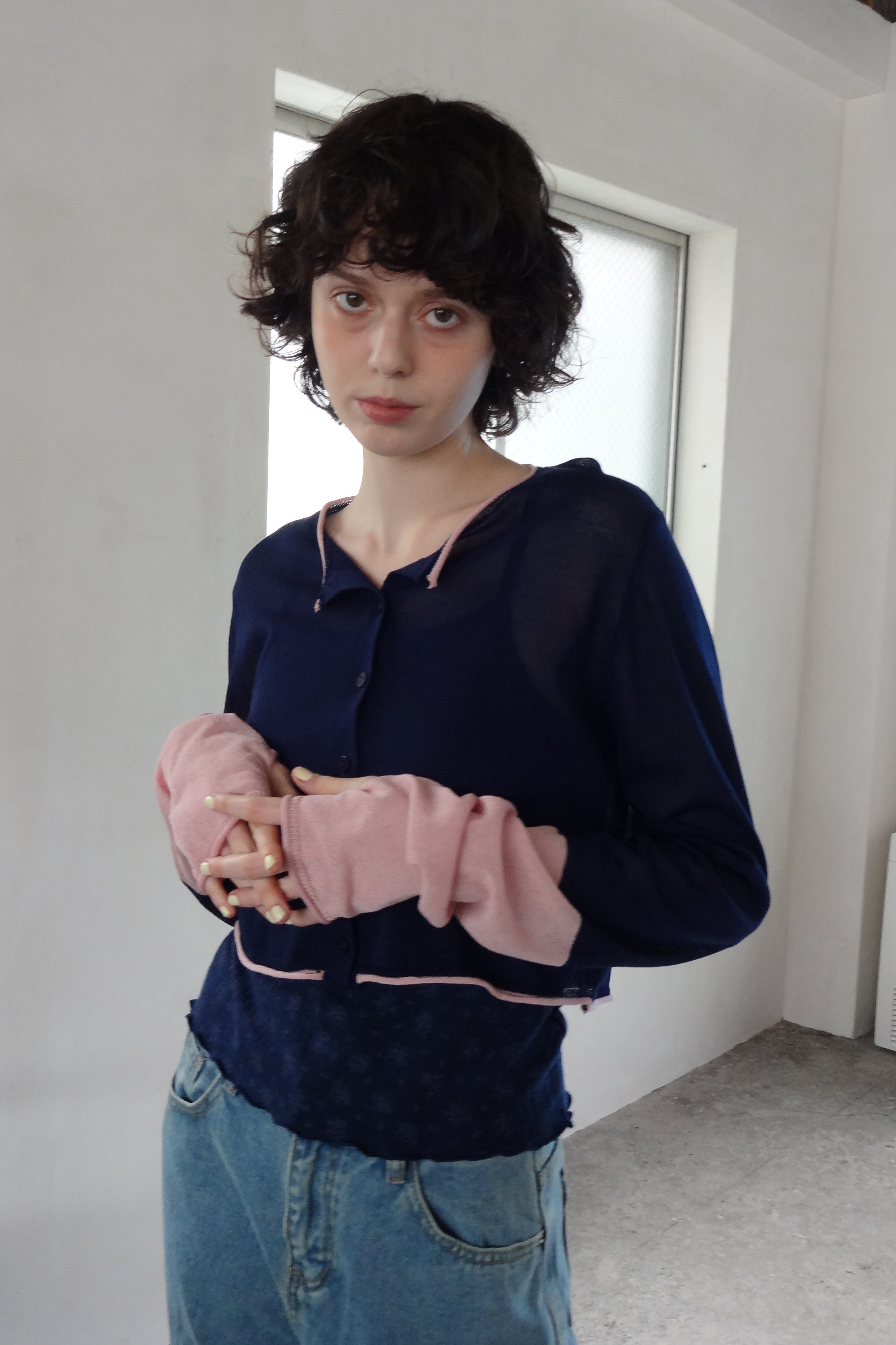 bicolor sheer knit cardigan