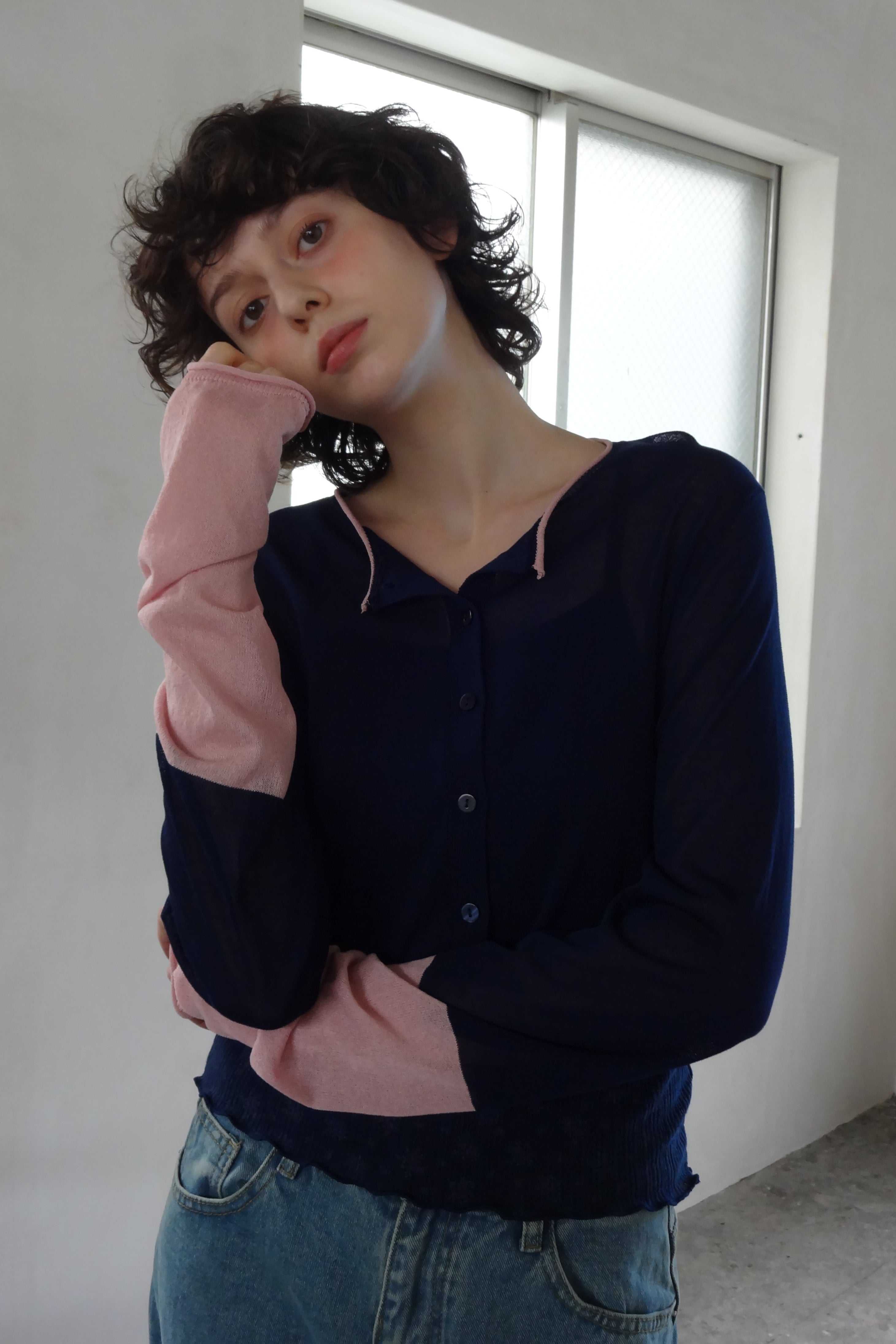 bicolor sheer knit cardigan
