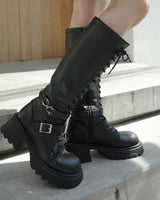 lace up buckle long boots