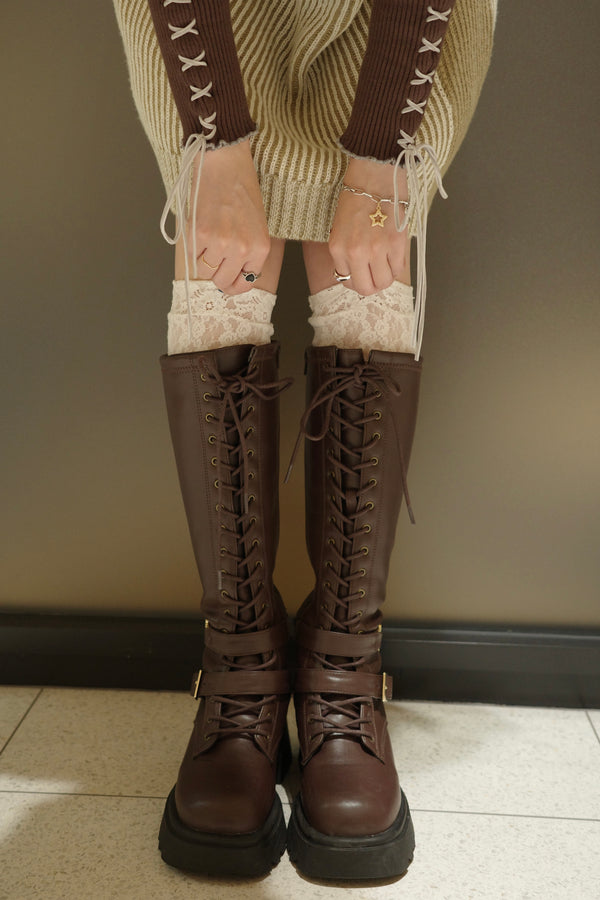 lace up buckle long boots