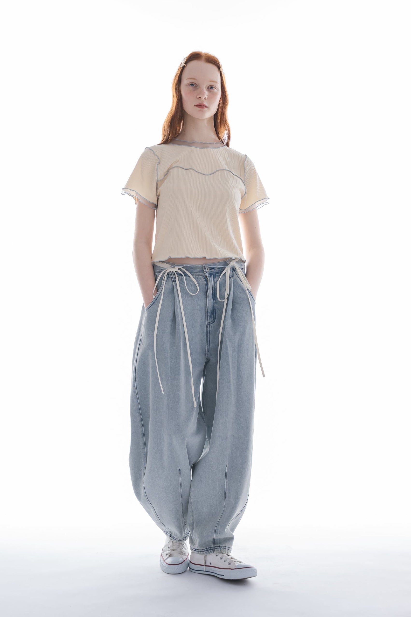 curve denim ribbon pants