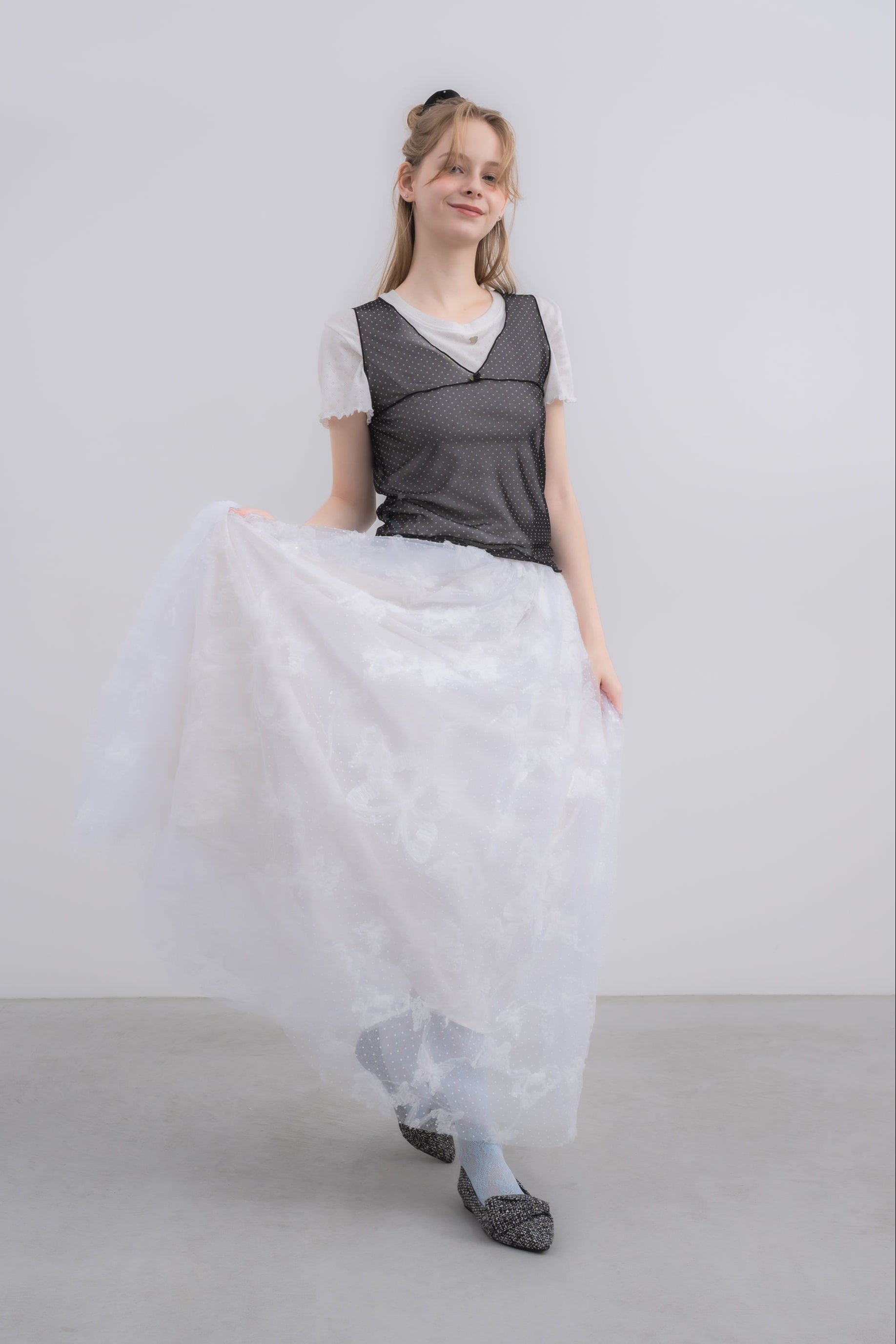 volume tulle butterfly dot skirt