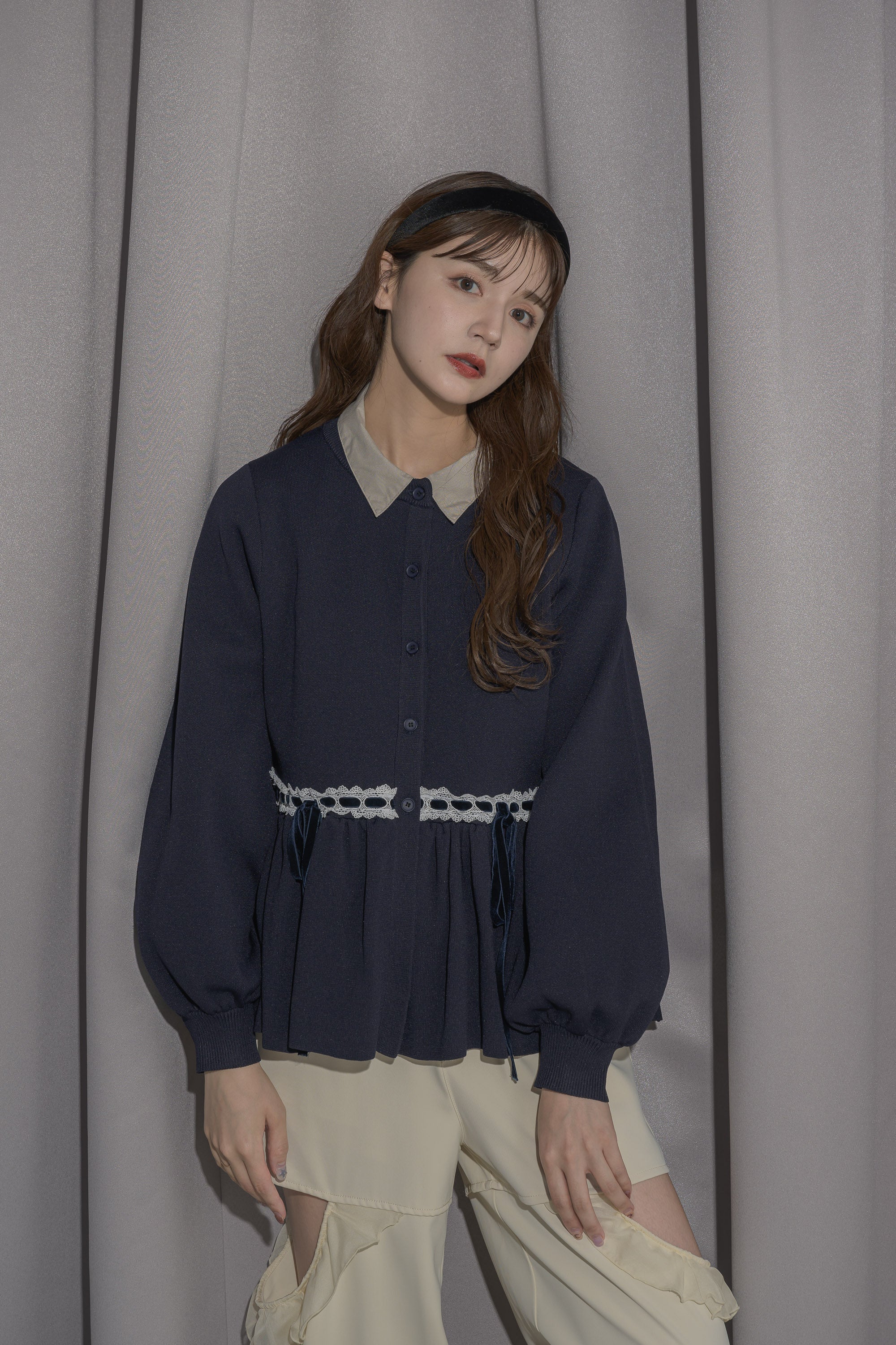 velours ribbon peplum cardigan