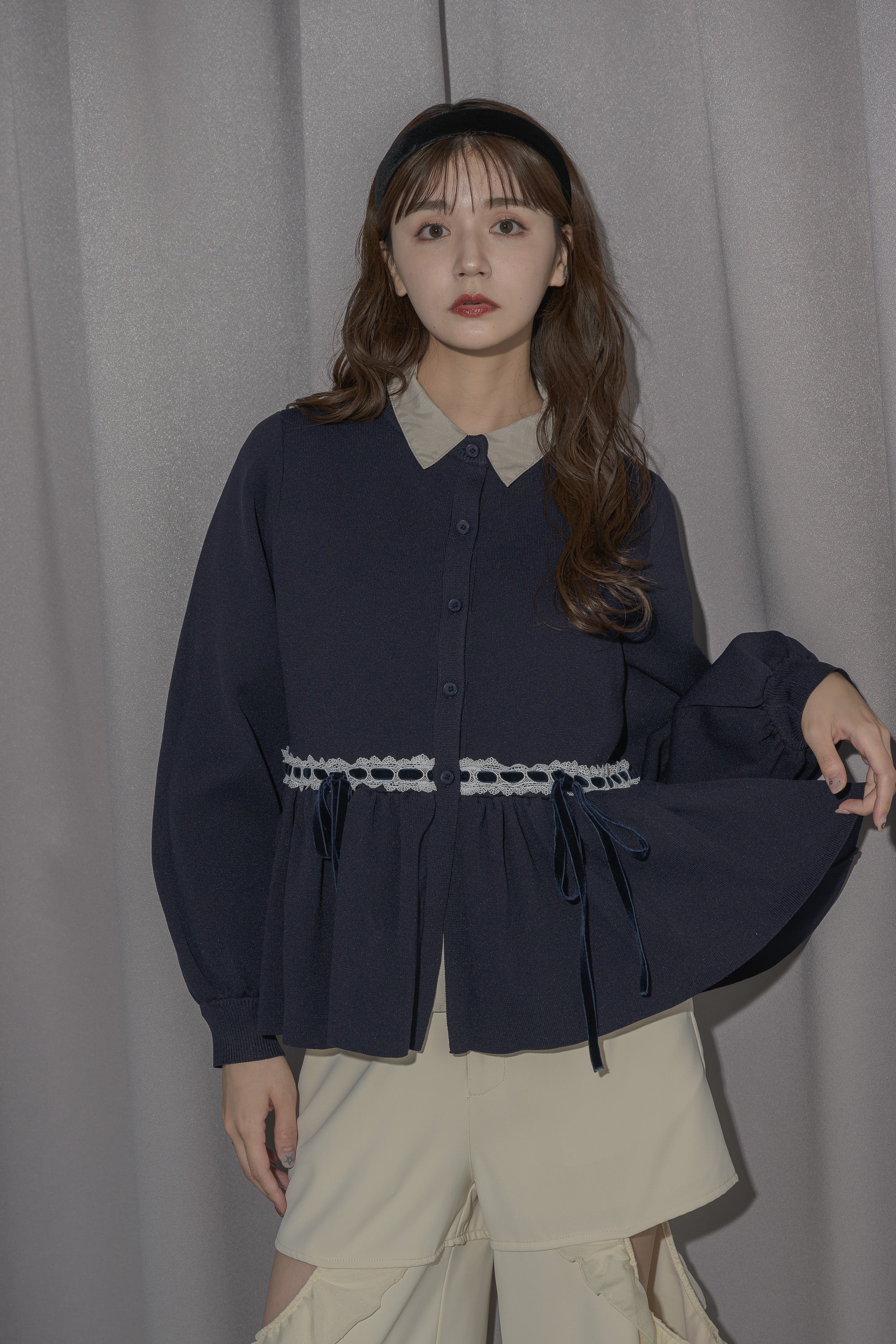 velours ribbon peplum cardigan