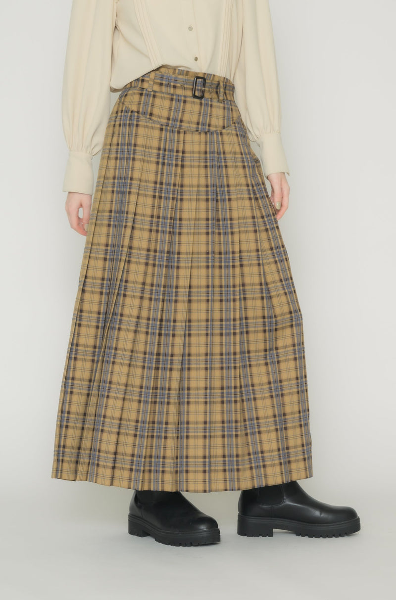 belted pleats check skirt